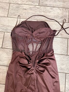 Windsor Chocolate Brown Satin Halter Chemise with Rhinestone Detail